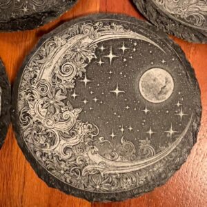 Celestial Drink Coasters 4x4 Round. Mystical, stylish and made of slate. Set of 4. Starry Night Moon