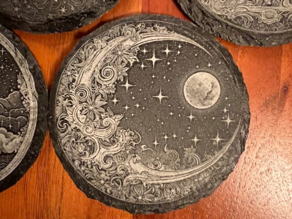 Celestial Drink Coasters 4x4 Round. Mystical, stylish and made of slate. Set of 4. Starry Night Moon